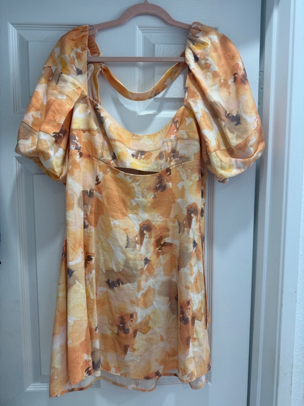 Puff-Sleeve Mini Dress in Soft Orange Watercolor - Picture 3 of 8